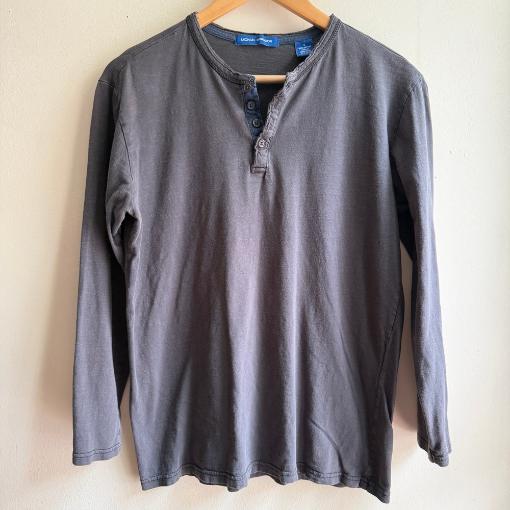 Michael Brandon Henley Long Sleeve Shirt Gray Small Good
